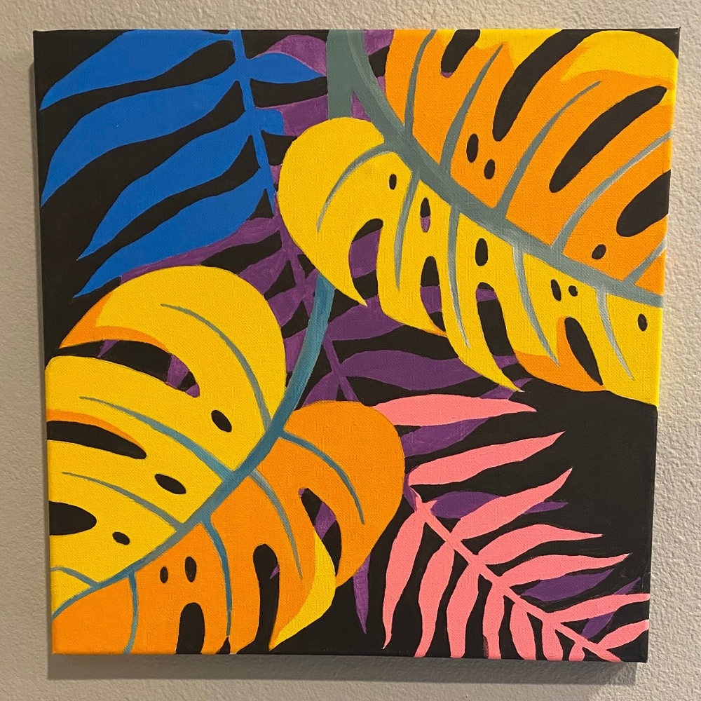 Hand Painted Neon Palm & Tropical Leaf -Fun Wraparound painted canvas 14" Square
